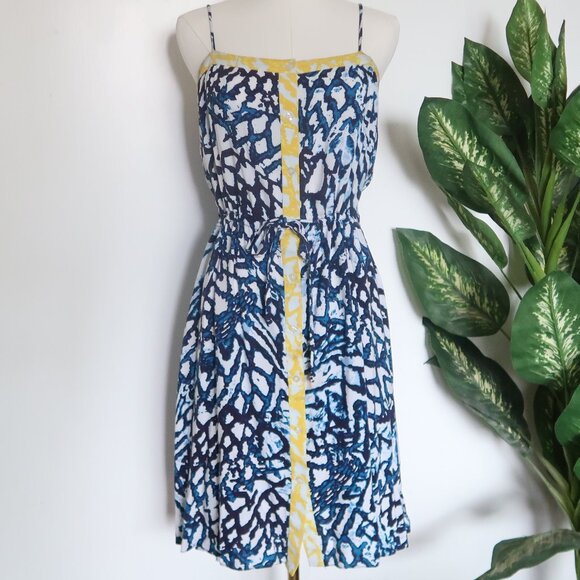 Rachel Roy Blue Yellow Abstract Print Sleeveless Drawstring Waist Summer Dress M - Picture 2 of 10
